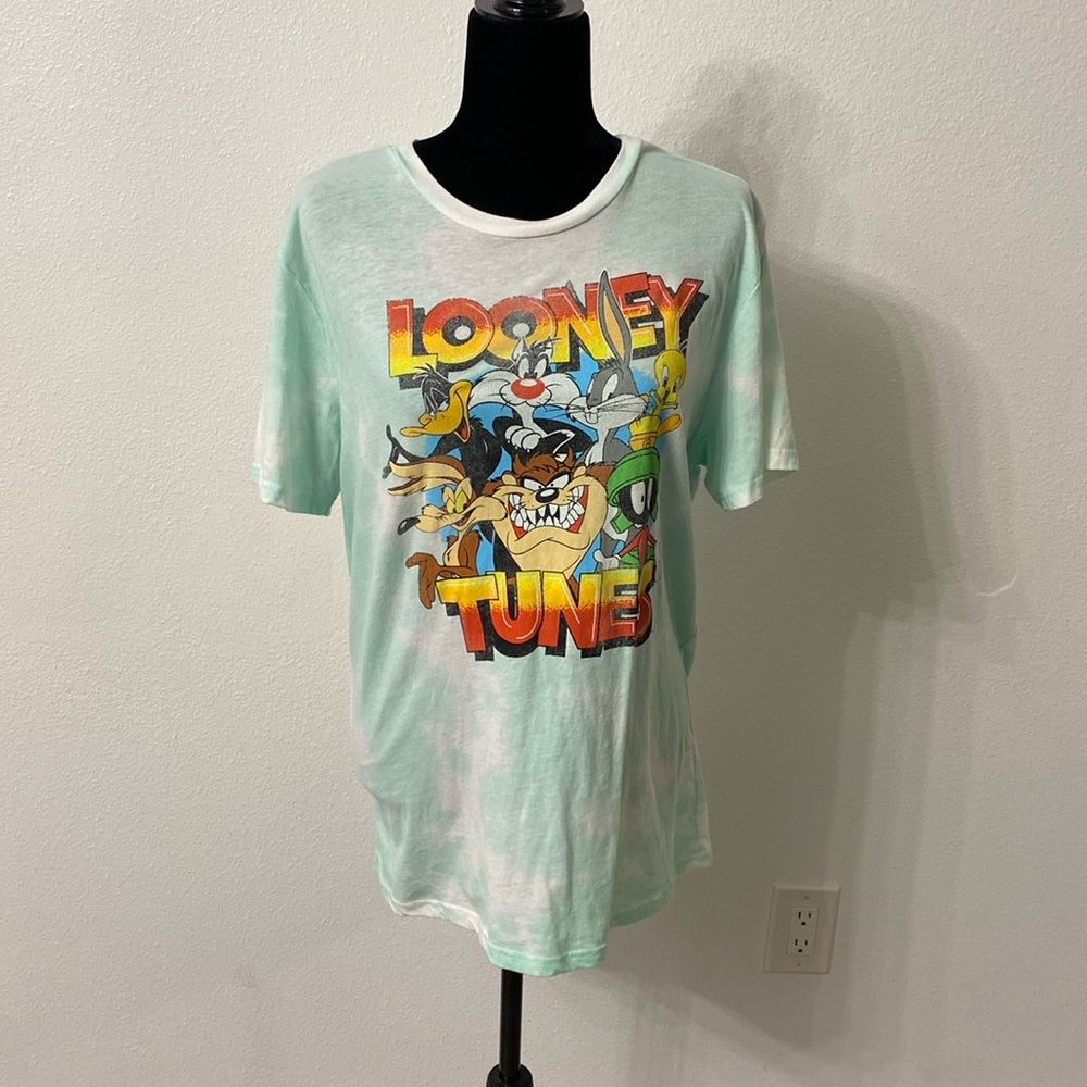 Mint Green & White Tie Dye Looney Tunes Soft Tee Size L 60% Cotton 40% Polyester